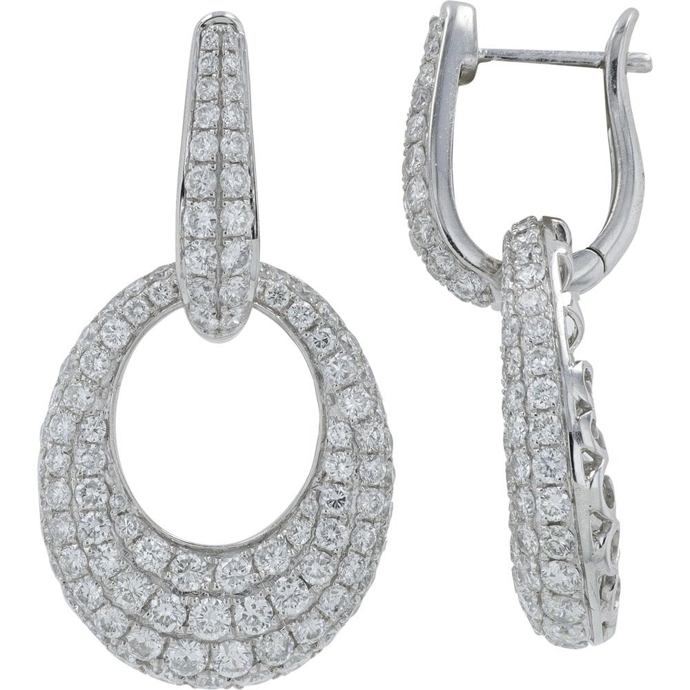 Platinum 950 Diamond Drop Earrings with Shared-Prong Set Round Diamonds - 5.23 Carat Total Diamond Weight