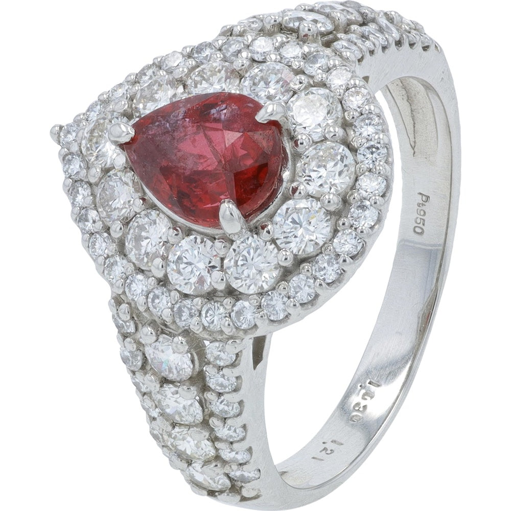 Platinum 950 Double Halo Ring with Pear-Cut Ruby and Round Brilliant Diamonds - 1.03 Carat Ruby and 1.21 Carat Total Diamond Weight