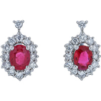 Platinum 950 Drop Earrings with Cushion-Cut Burma Rubies and Diamond Halo - 0.94 Carat Total Ruby Weight and 0.44 Carat Total Diamond Weight