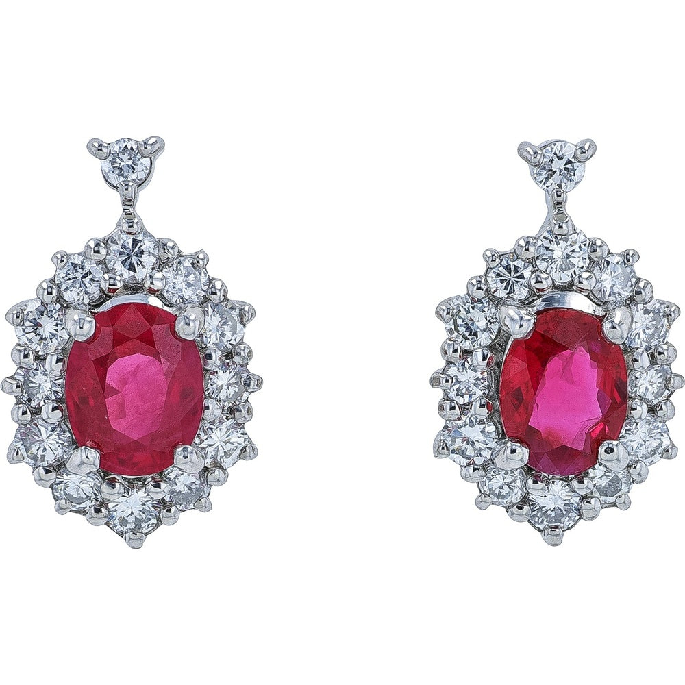 Platinum 950 Drop Earrings with Cushion-Cut Burma Rubies and Diamond Halo - 0.94 Carat Total Ruby Weight and 0.44 Carat Total Diamond Weight