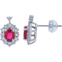 Platinum 950 Drop Earrings with Cushion-Cut Burma Rubies and Diamond Halo - 0.94 Carat Total Ruby Weight and 0.44 Carat Total Diamond Weight