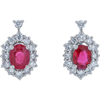 Platinum 950 Drop Earrings with Oval Burma Rubies and Round Diamond Halo - 0.85 Carat Total Ruby Weight and 0.44 Carat Total Diamond Weight