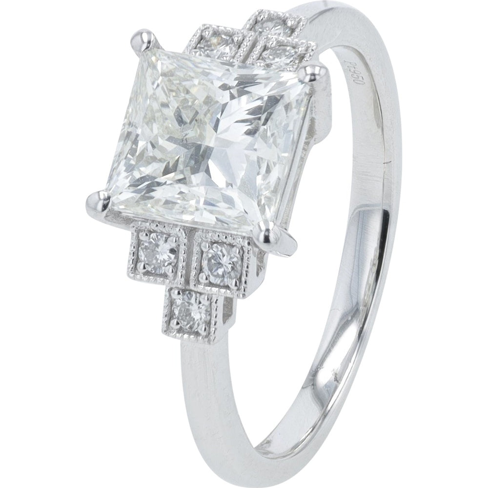 Platinum 950 Geometric Engagement Ring with Princess Cut Diamond and Milgrain Accents - 2.32 Carat Total Diamond Weight