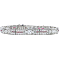 Platinum 950 Geometric Link Bracelet with Square-Cut Rubies and Round Diamonds - 1.28 Carat Ruby and 6.02 Carat Diamond Total Weight
