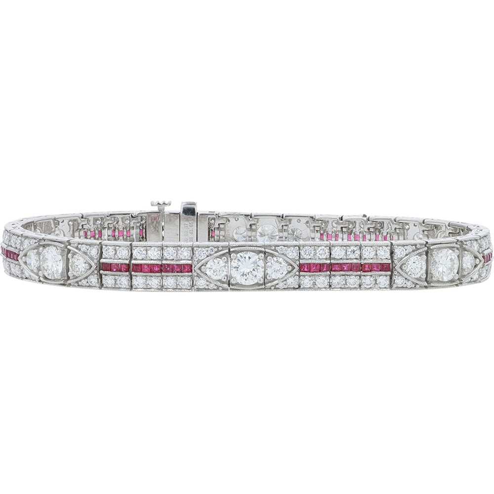 Platinum 950 Geometric Link Bracelet with Square-Cut Rubies and Round Diamonds - 1.28 Carat Ruby and 6.02 Carat Diamond Total Weight
