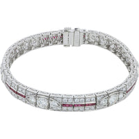 Platinum 950 Geometric Link Bracelet with Square-Cut Rubies and Round Diamonds - 1.28 Carat Ruby and 6.02 Carat Diamond Total Weight