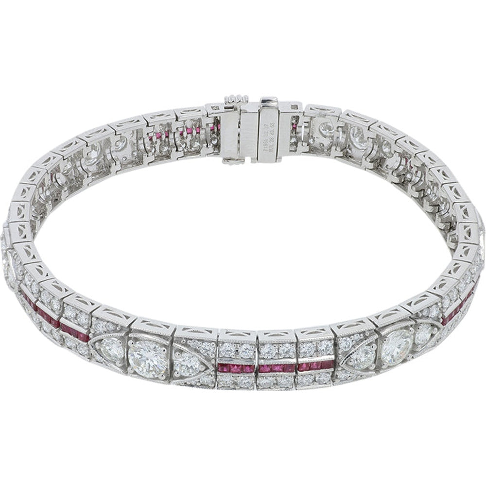 Platinum 950 Geometric Link Bracelet with Square-Cut Rubies and Round Diamonds - 1.28 Carat Ruby and 6.02 Carat Diamond Total Weight