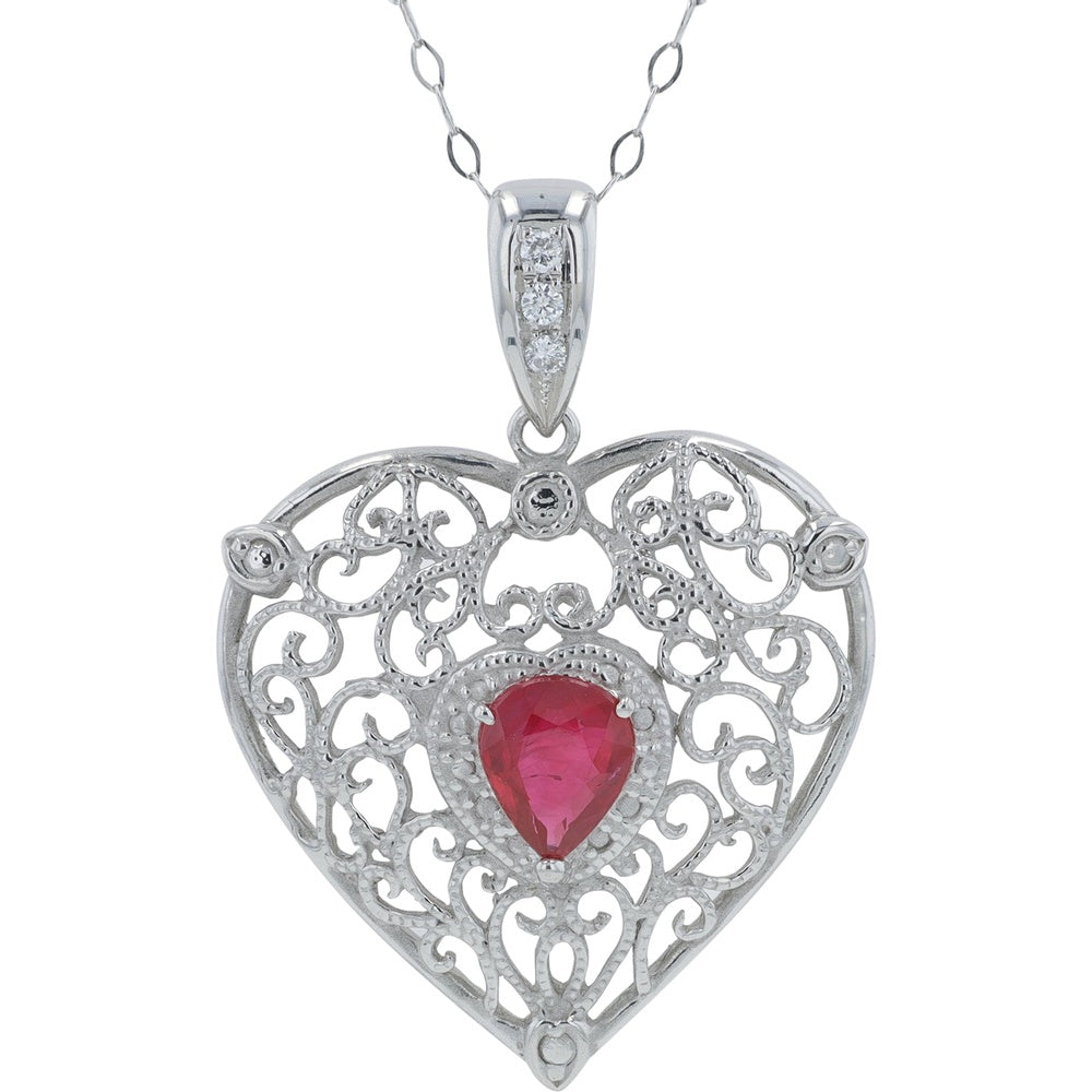 Platinum 950 Heart Pendant with Pear-Shaped 0.97 Carat Ruby and Diamond Accent Bail - 18-Inch Chain