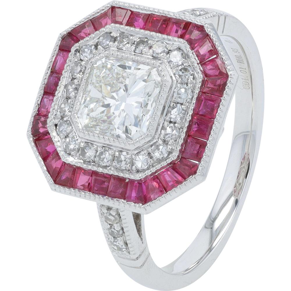 Platinum 950 Ring with 1.01 Carat Radiant Ruby and 1.24 Carat Diamond Halo - 0.93 Carat Ruby Total