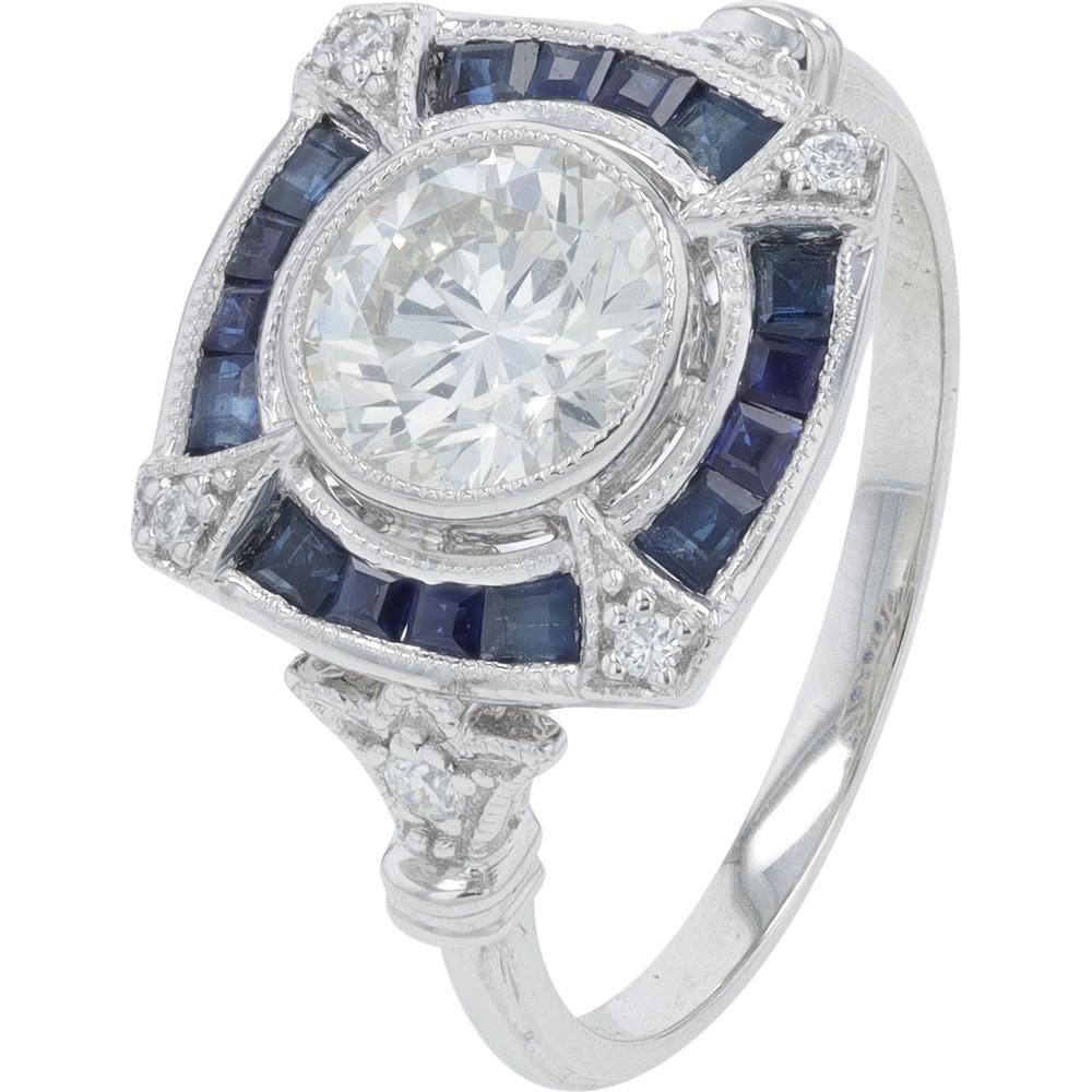 Platinum 950 Ring with 1.04 Carat Round Diamond and 0.50 Carat Total Sapphire Baguettes - 1.11 Carat Total Diamond Weight