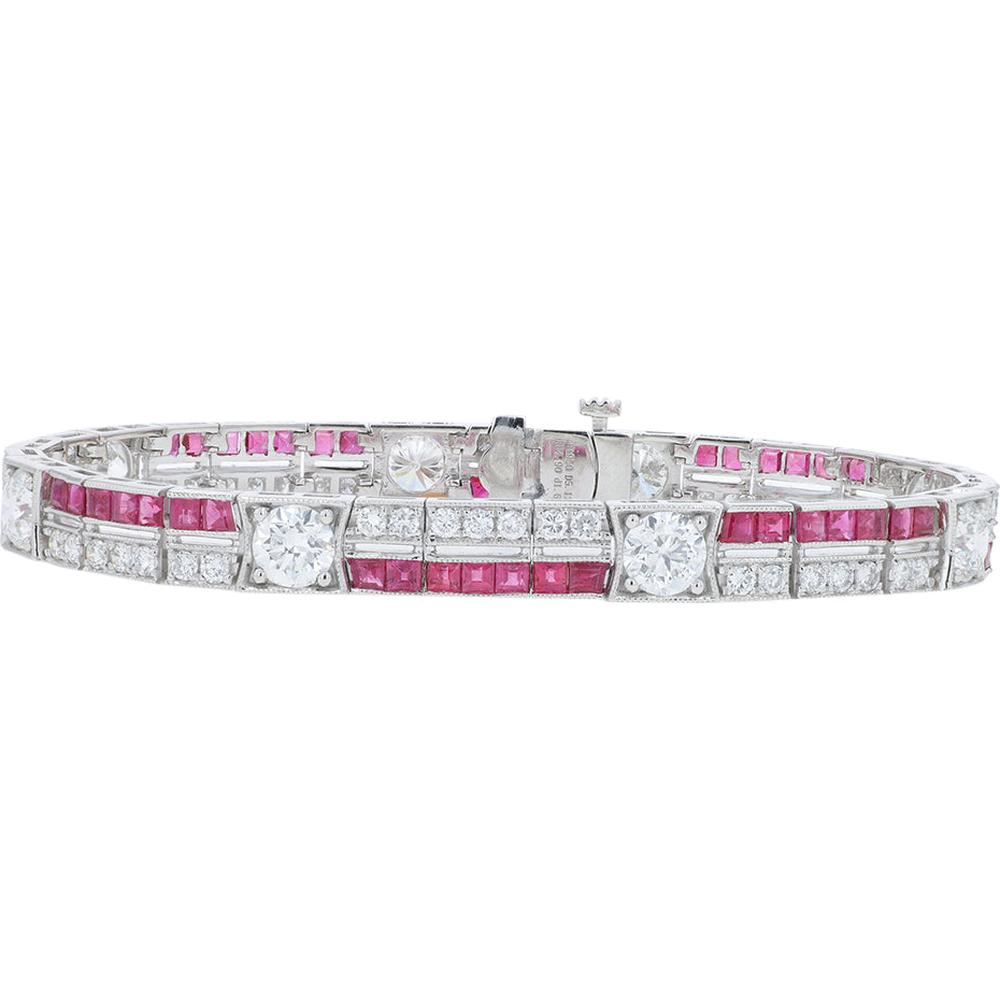 Platinum 950 Ruby and Diamond Tennis Bracelet - 6.79 Carat Total Ruby Weight, 4.90 Carat Total Diamond Weight