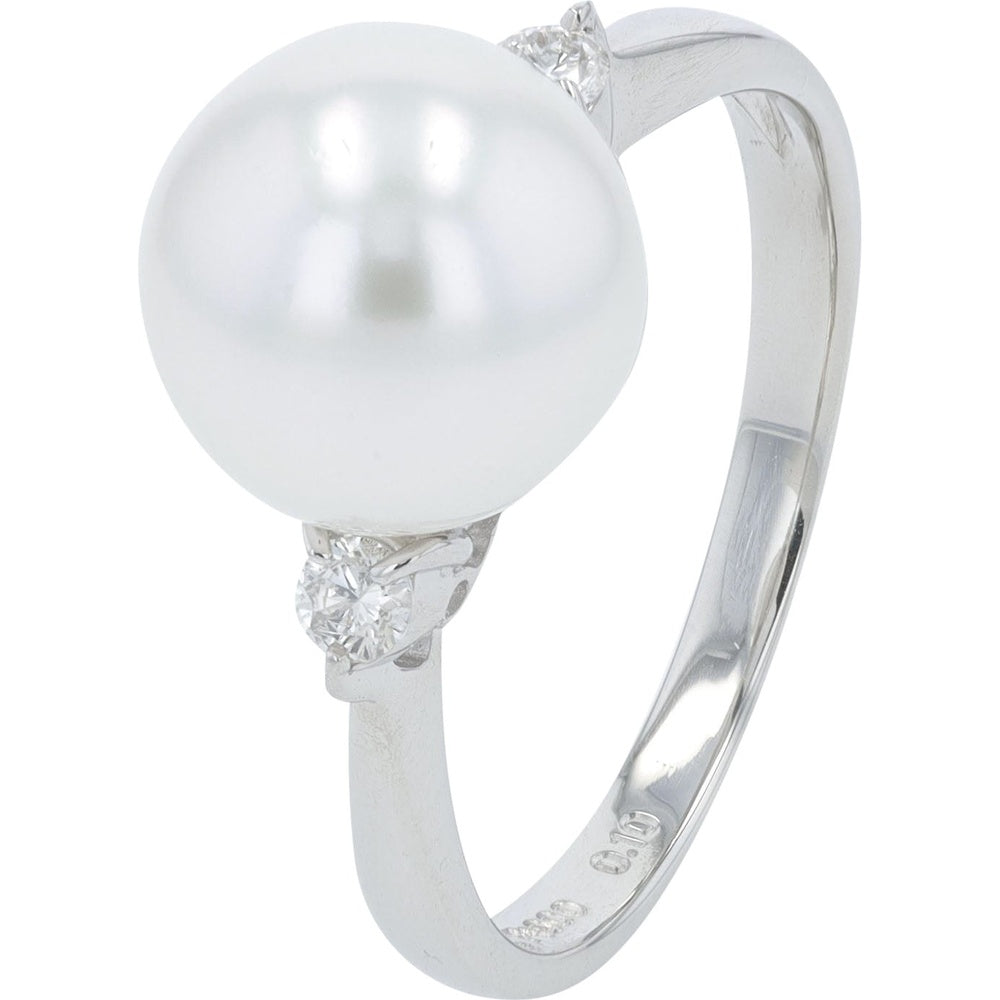 Platinum 9mm Akoya Pearl Ring with 0.10 Carat Round Brilliant Diamond Accents - Size 5.75