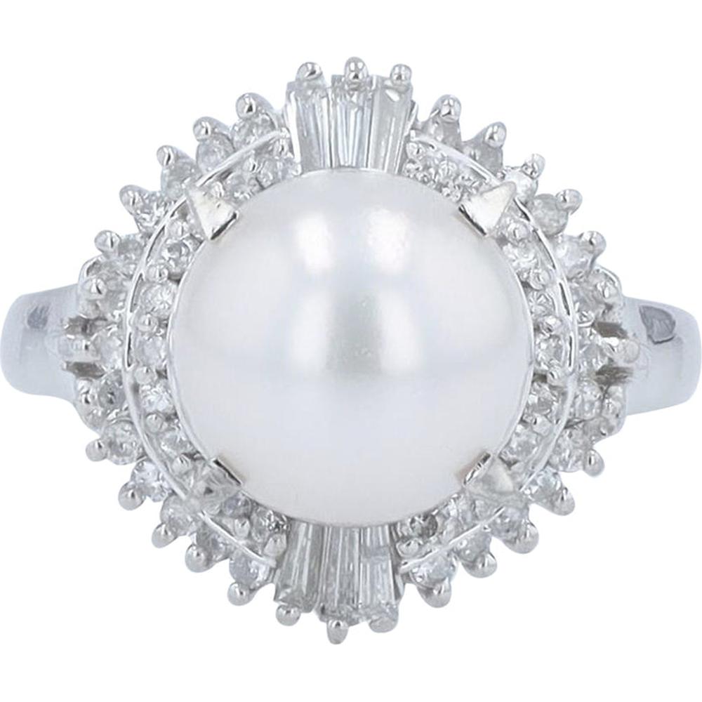 Platinum Akoya Pearl Ring with Diamond Accents - 0.40 Carat Total Diamond Weight