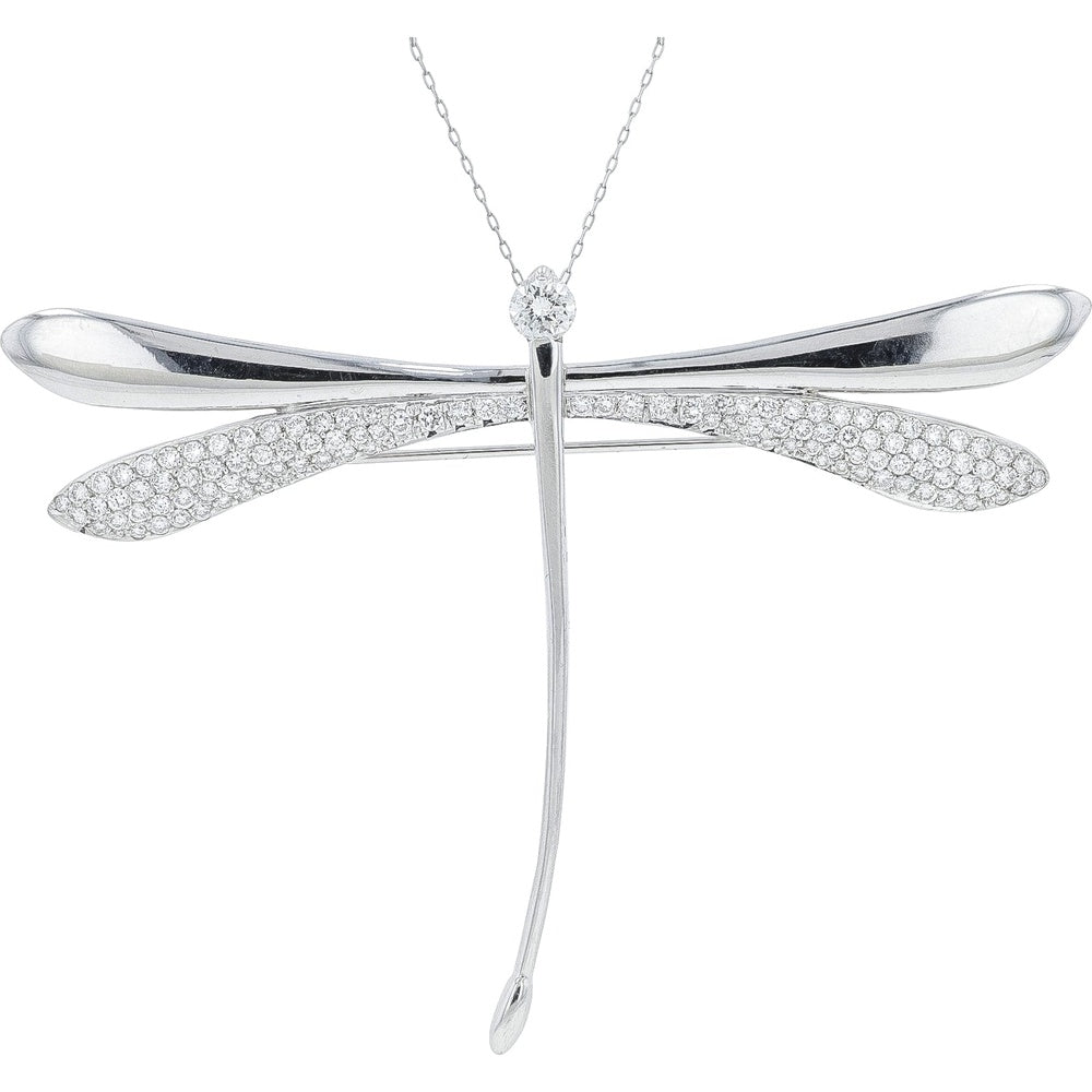 Platinum & 14K White Gold Dragonfly Brooch with Pavé Set Round Diamonds - 1.50 Carat Total Diamond Weight