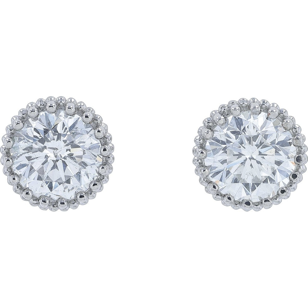 Platinum and 18K White Gold Bezel Set Round Diamond Stud Earrings with Milgrain Detail - 2.07 Carat Total Diamond Weight