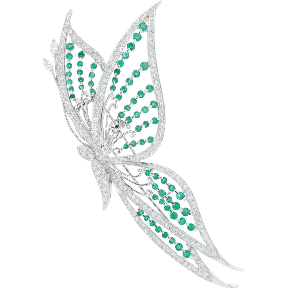 Platinum and 18K White Gold Butterfly Brooch with Round Emerald and Diamond Accents - 3.14 Carat Total Emerald Weight and 3.10 Carat Total Diamond Weight