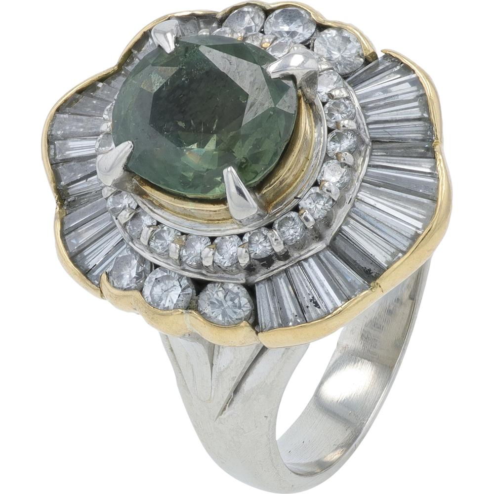 Platinum and 18K Yellow Gold 2.722 Carat Demantoid Garnet Cocktail Ring with 1.71 Carats of Baguette and Round Diamonds