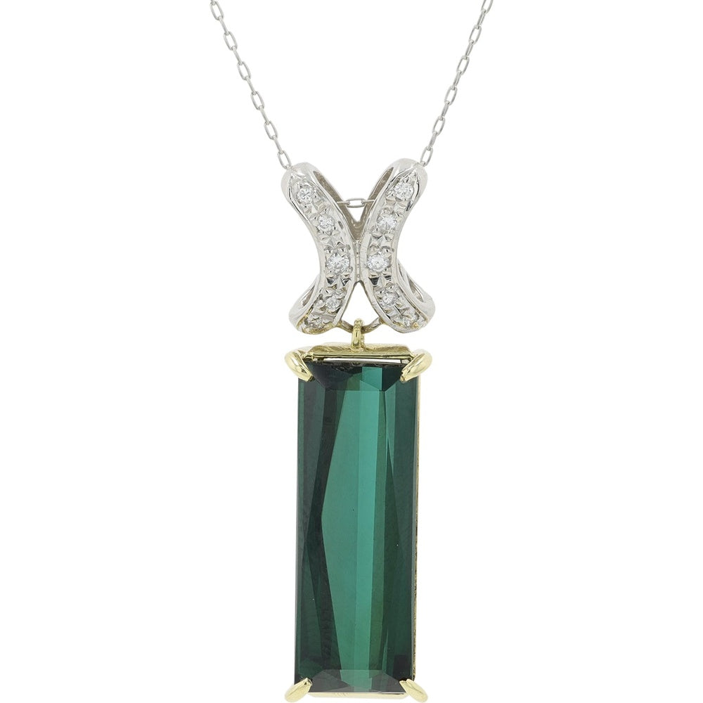 Platinum and 18K Yellow Gold 8.18 Carat Baguette Green Tourmaline Pendant with 0.08 Carat Diamond Accents - 18 Inch Chain
