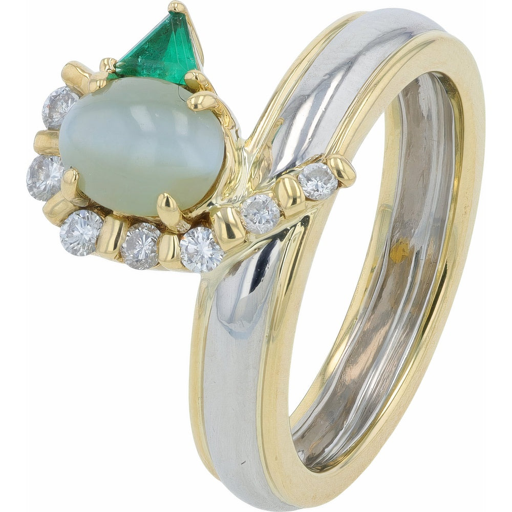 Platinum and 18K Yellow Gold Abstract Bird Ring with 1.64 Carat Cat's Eye and Emerald Accents - 0.17 Carat Total Diamond Weight