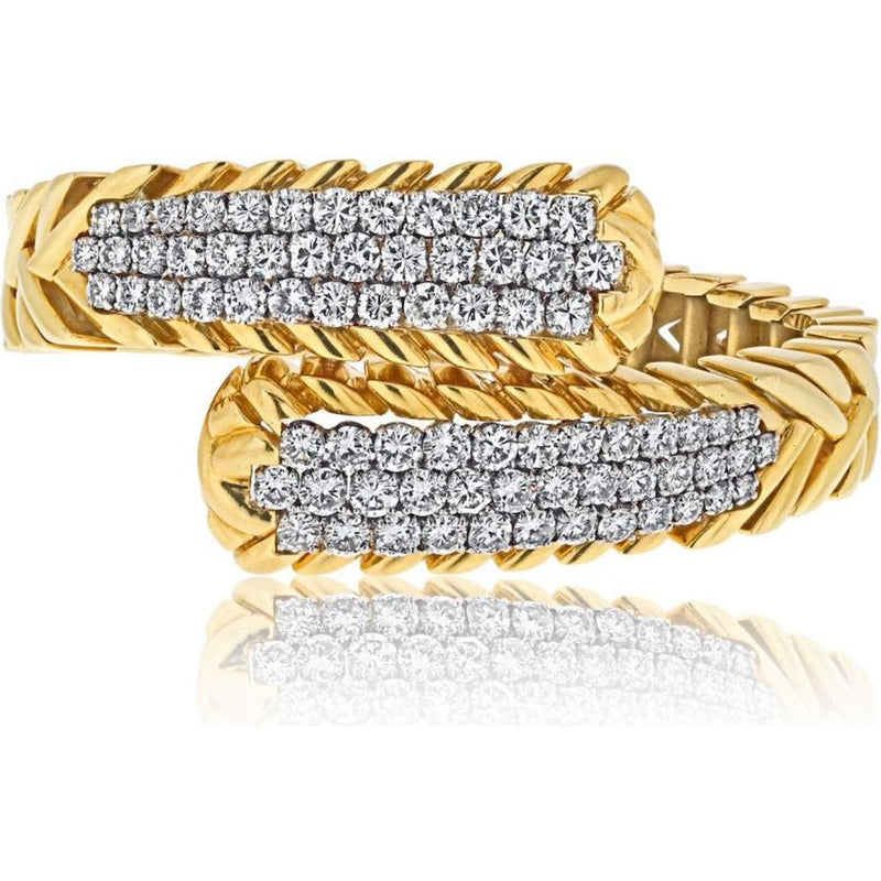 Platinum & 18K Yellow Gold Crossover Diamond Bracelet with 8.75 Carat Round Diamonds - David Webb Signature Design