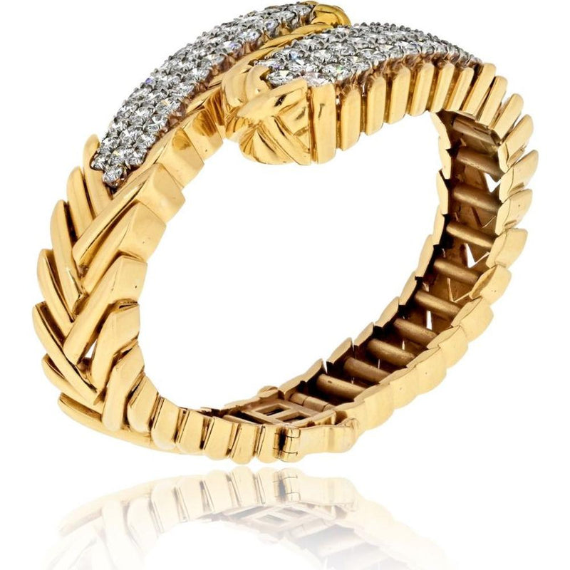 Platinum & 18K Yellow Gold Crossover Diamond Bracelet with 8.75 Carat Round Diamonds - David Webb Signature Design