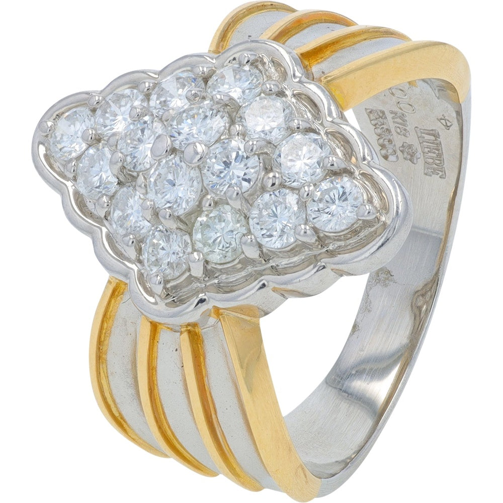 Platinum and 18K Yellow Gold Diamond Cluster Ring with Scalloped Milgrain Edges - 1.00 Carat Total Diamond Weight