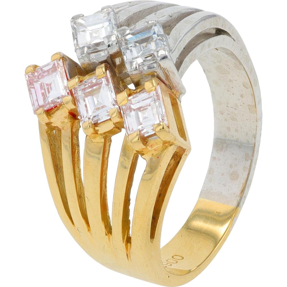 Platinum & 18K Yellow Gold Diamond Ring with 0.86 Carat Total Princess Cut Diamonds