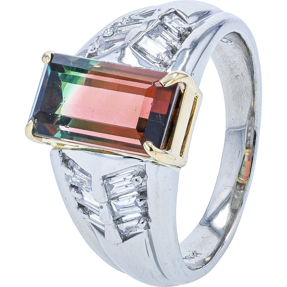 Platinum and 18K Yellow Gold Emerald-Cut Bi-Color Tourmaline Ring with Baguette Diamonds - 3.13 Carat Tourmaline and 0.36 Carat Total Diamond Weight