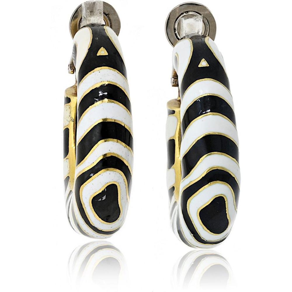 Platinum & 18K Yellow Gold Enamel Medium Hoop Earrings by David Webb - Bold Black and White Design