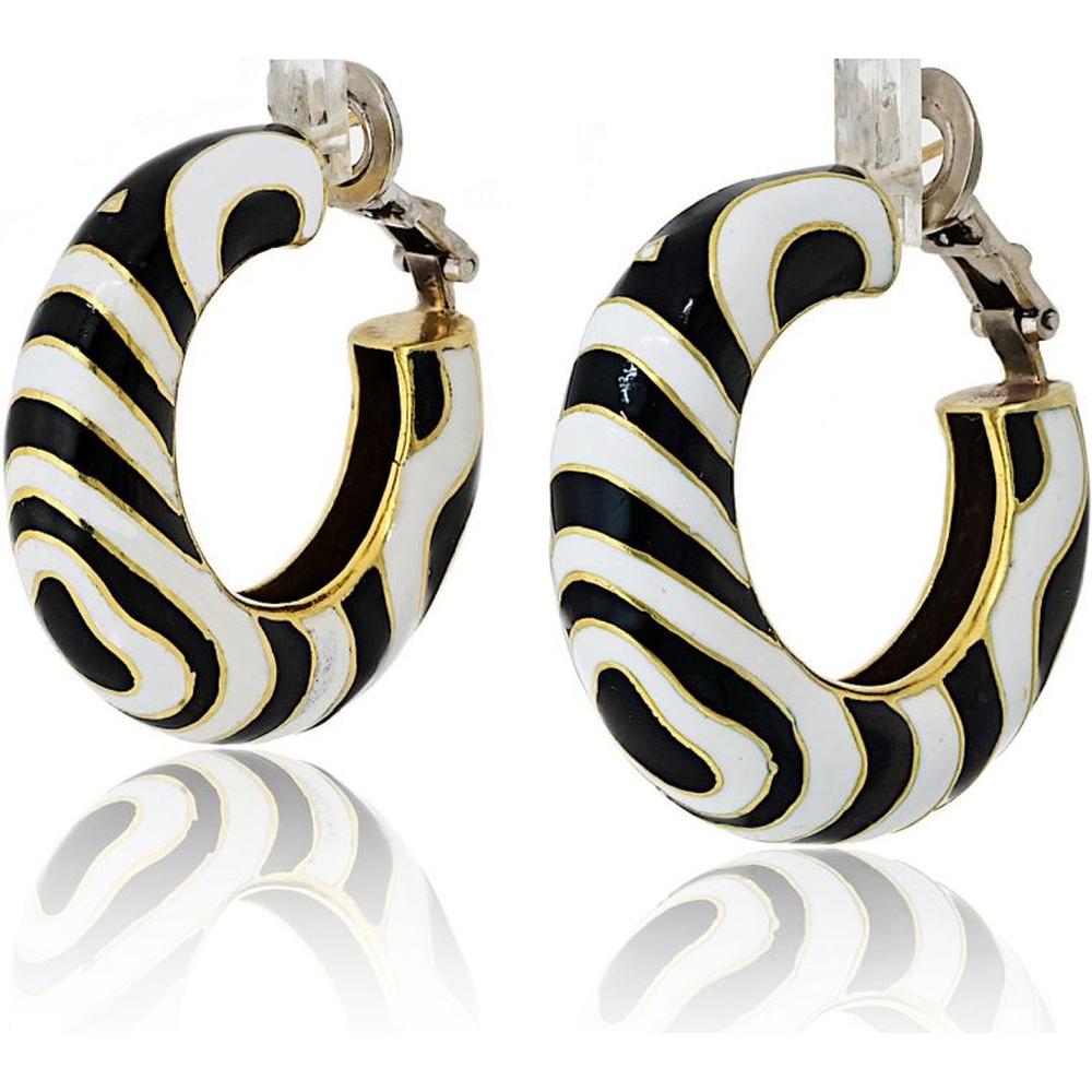 Platinum & 18K Yellow Gold Enamel Medium Hoop Earrings by David Webb - Bold Black and White Design