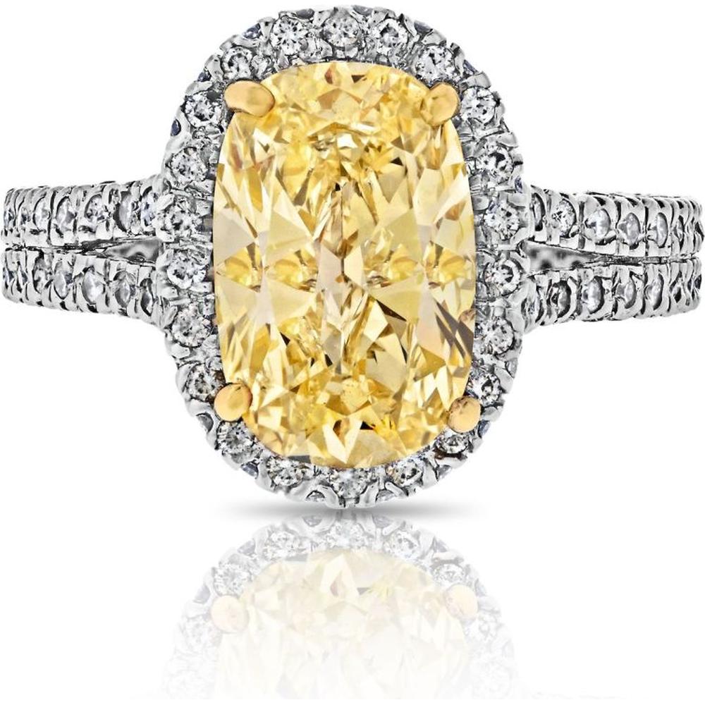 Platinum & 18K Yellow Gold Fancy Yellow Diamond Ring with Diamond Halo - 2.2 Carats Total Diamond Weight