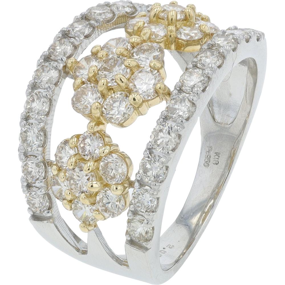 Platinum and 18K Yellow Gold Floral Diamond Ring with 2.00 Carat Total Carat Weight
