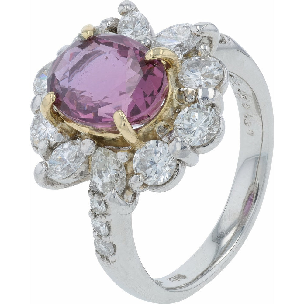 Platinum and 18K Yellow Gold Floral Halo Ring with 3.45 Carat Madagascar Sapphire and 1.30 Carat Diamond Accents