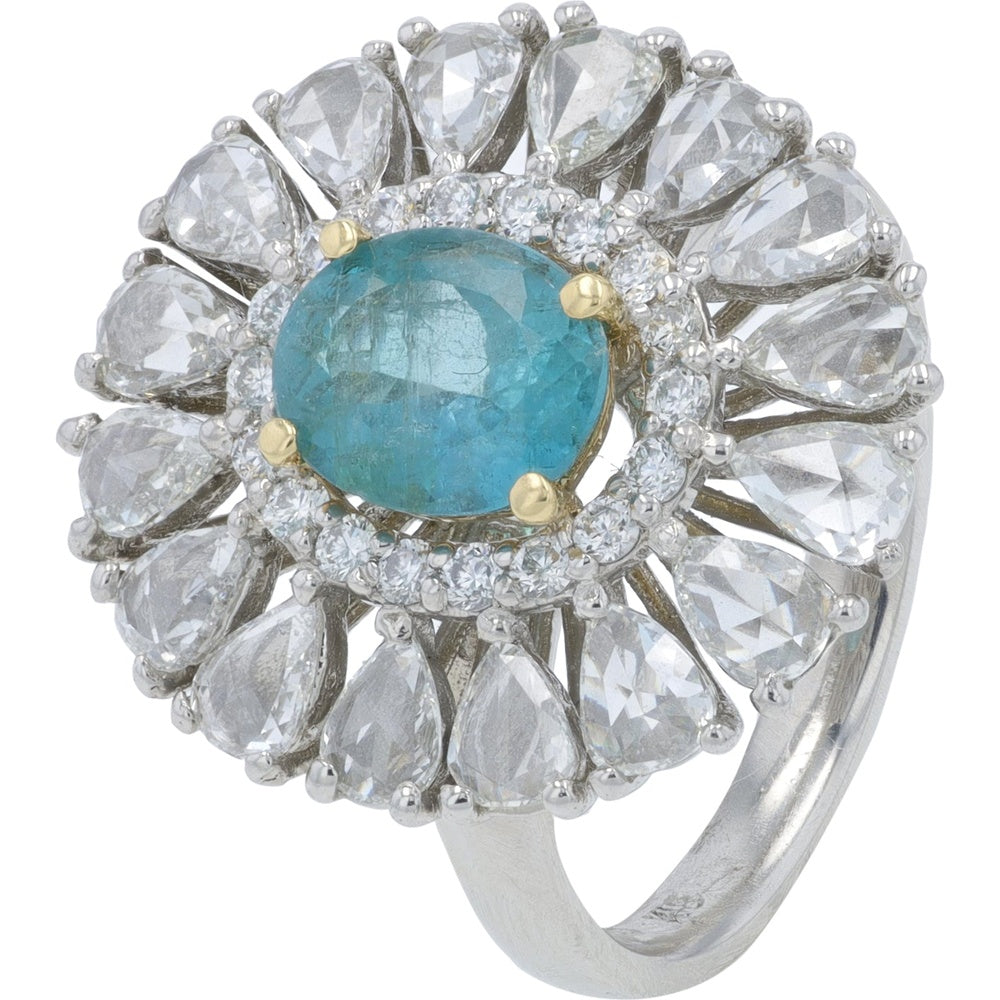 Platinum and 18K Yellow Gold Flower Halo Ring with 1.15 Carat Paraiba Tourmaline and 1.55 Carat Pear and Round Diamonds