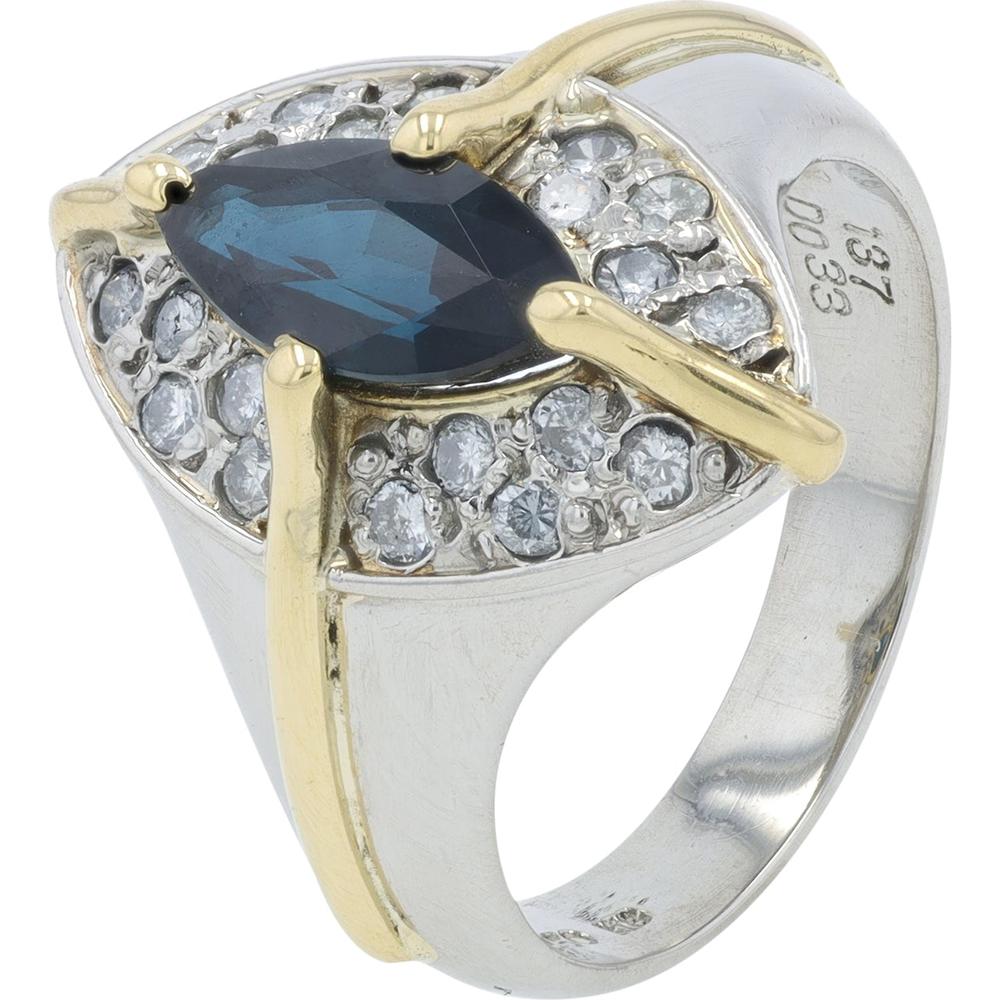 Platinum and 18K Yellow Gold Marquise Sapphire Ring with 0.33 Carat Diamond Halo - 1.37 Carat Total Sapphire Weight