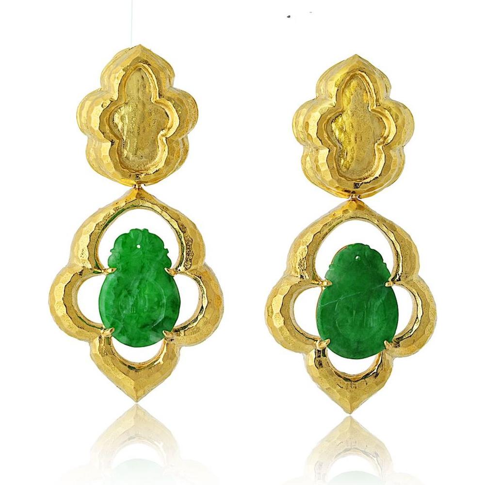 Platinum and 18K Yellow Gold Moroccan-Inspired Drop Earrings with Green Jade by David Webb