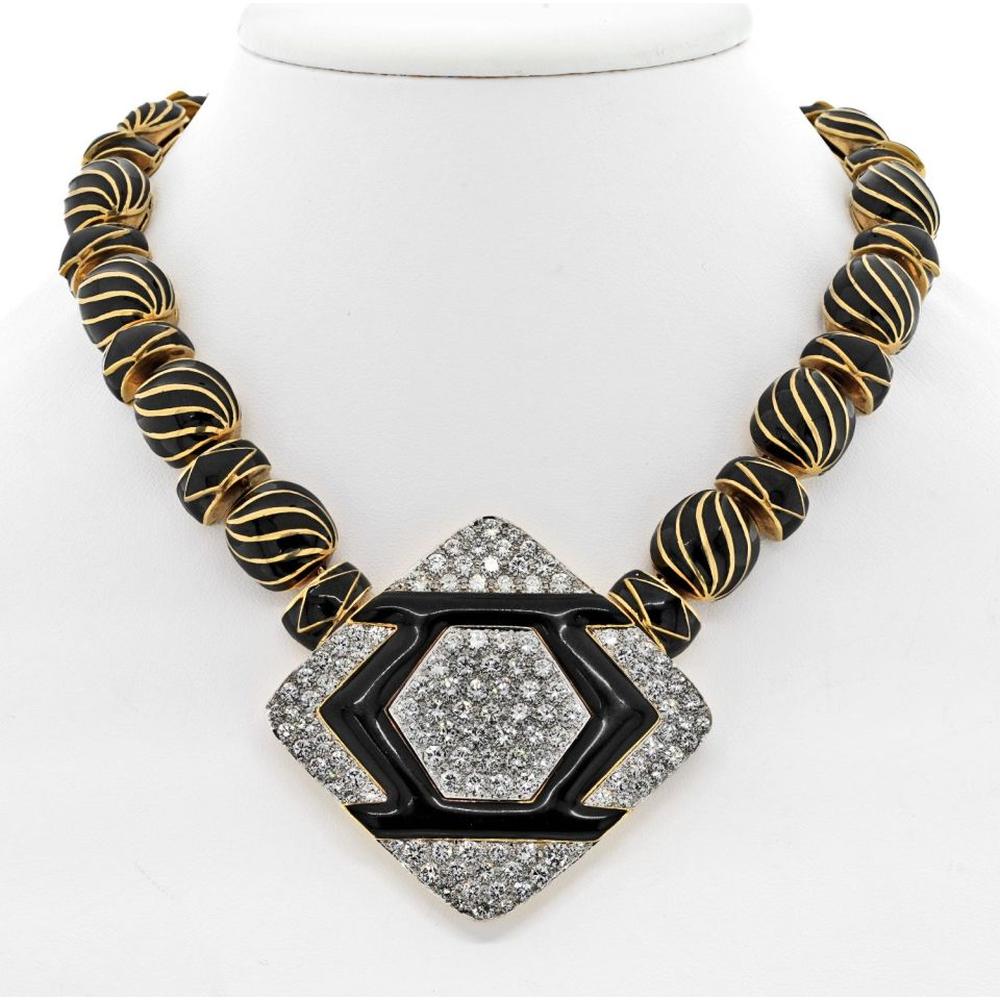 Platinum & 18K Yellow Gold Necklace with 16 Carat Diamond, Black Onyx, and Enamel Accents - David Webb