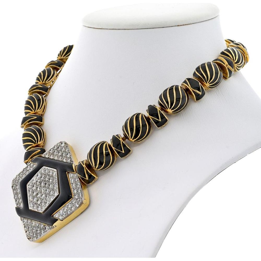 Platinum & 18K Yellow Gold Necklace with 16 Carat Diamond, Black Onyx, and Enamel Accents - David Webb