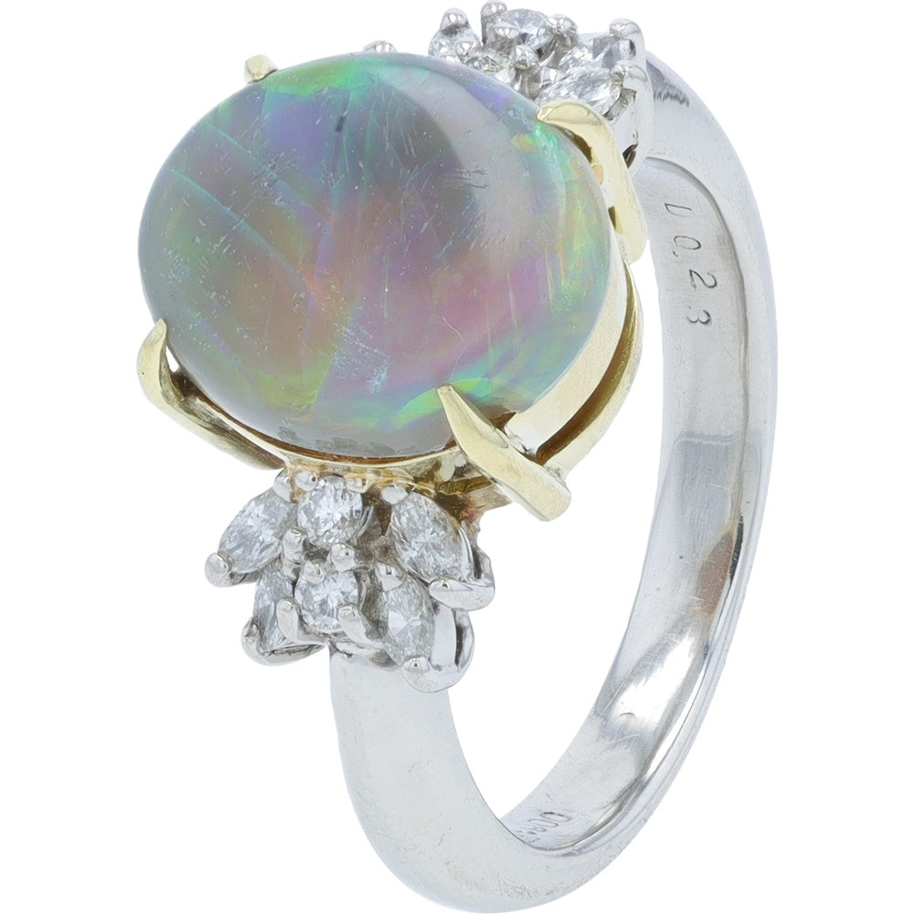 Platinum and 18K Yellow Gold Opal Ring with Floral Diamond Accents - 2.31 Carat Total Opal Weight and 0.23 Carat Total Diamond Weight