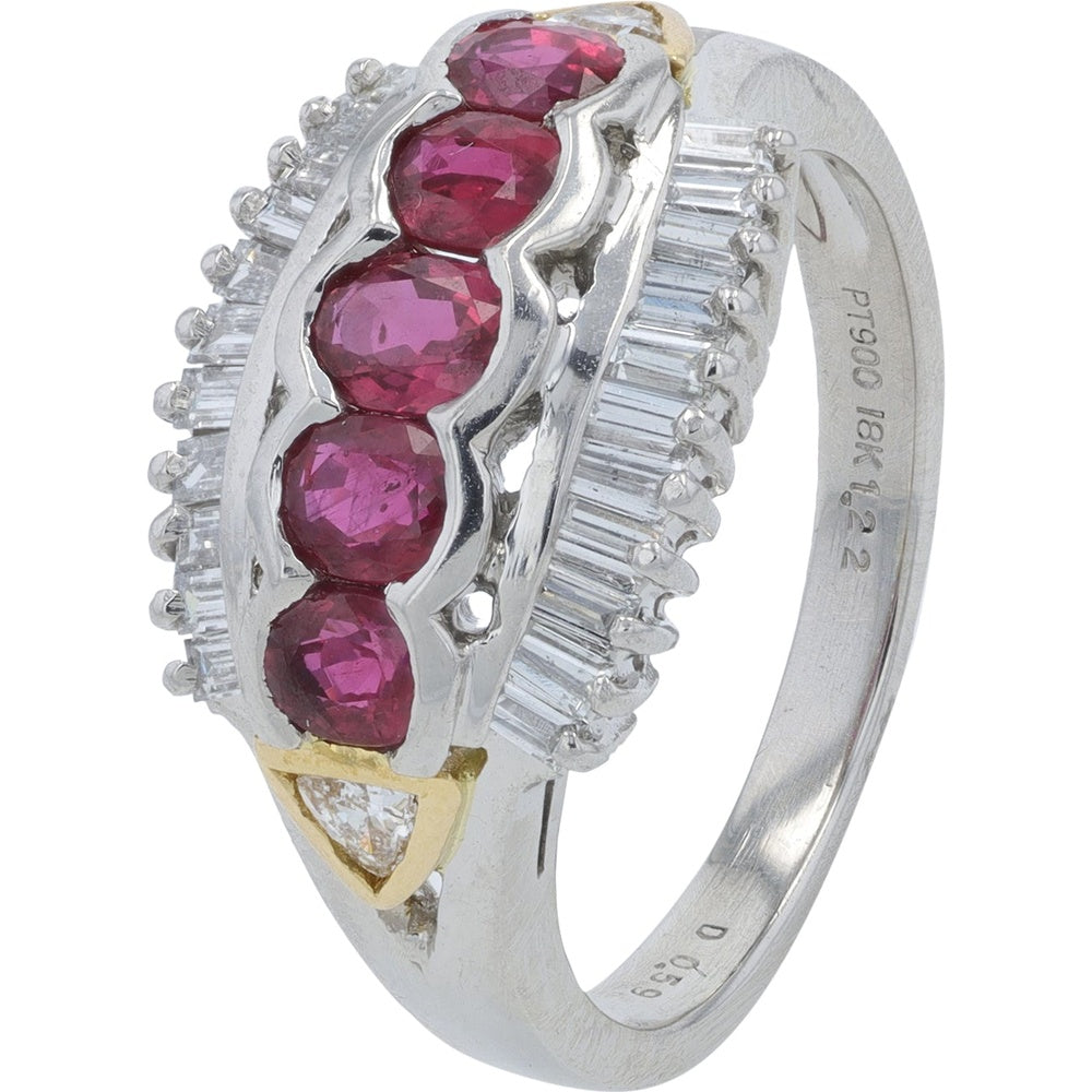 Platinum and 18K Yellow Gold Oval Ruby Ring with Diamond Accents - 1.22 Carat Ruby and 0.59 Carat Diamond Total Weight