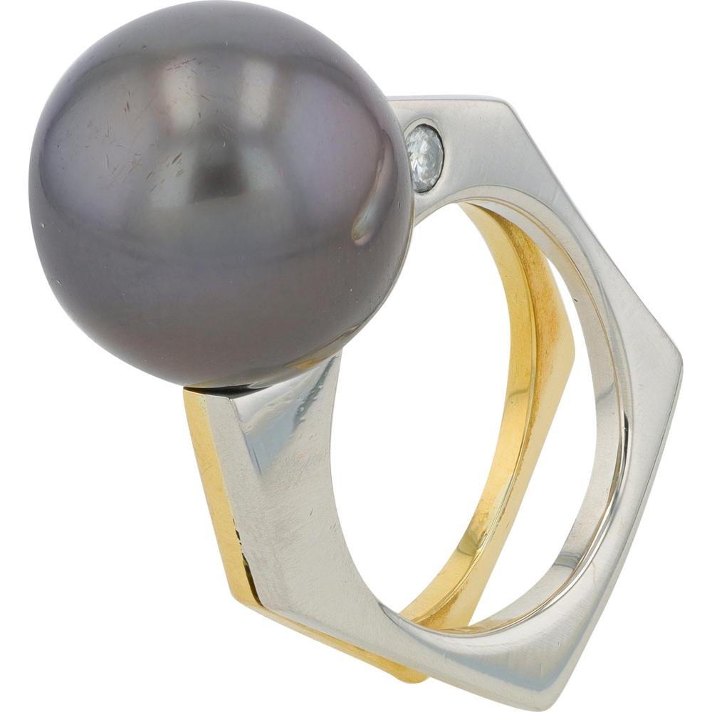 Platinum and 18K Yellow Gold Ring with 14.5MM Pearl and Diamond Accent - 0.13 Carat Diamond Total Weight