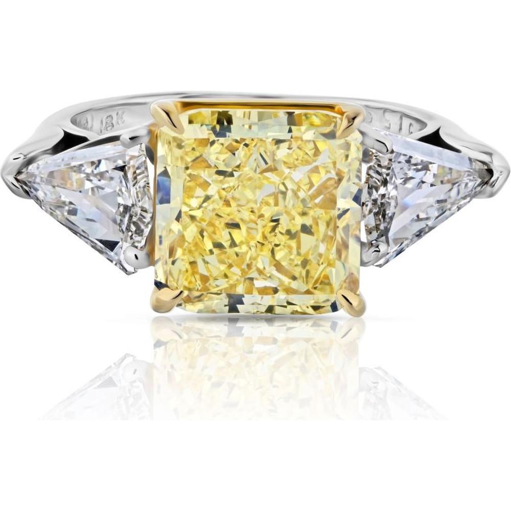 Platinum and 18K Yellow Gold Three-Stone Engagement Ring with 5.08 Carats Fancy Intense Yellow Radiant Cut Diamond and 1.31 Carats Kite-Cut White Diamonds
