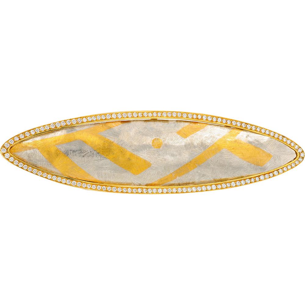 Platinum and 24K/18K Yellow Gold Tivol Niello Brooch with 2.50 Carat Total Diamonds
