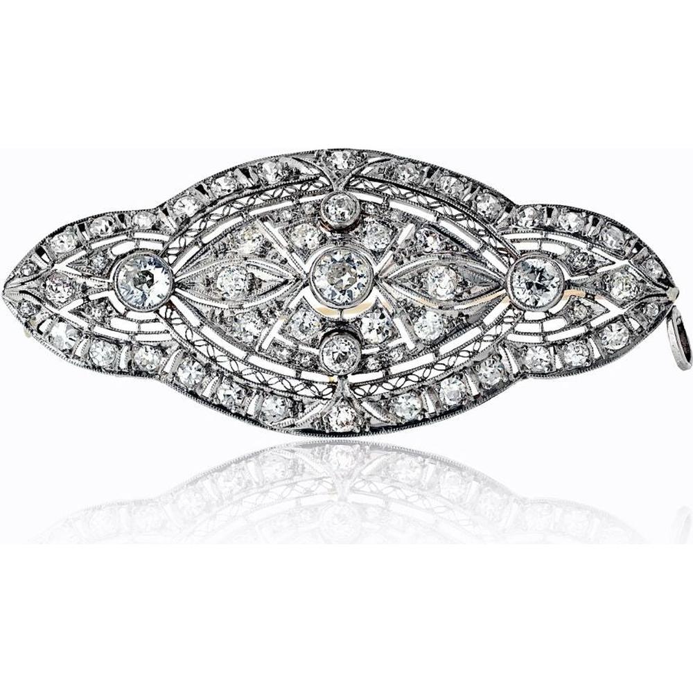 Platinum Antique Openwork Brooch with Round-Cut Diamonds - 3.00 Carats Total Diamond Weight