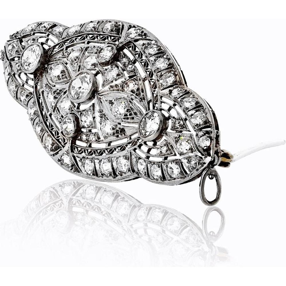 Platinum Antique Openwork Brooch with Round-Cut Diamonds - 3.00 Carats Total Diamond Weight