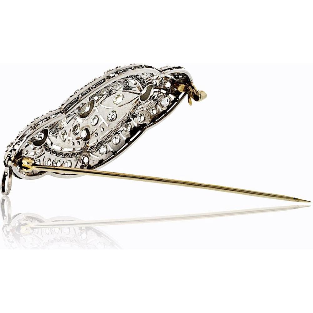 Platinum Antique Openwork Brooch with Round-Cut Diamonds - 3.00 Carats Total Diamond Weight