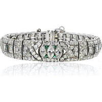 Platinum Art Deco Bracelet with 8.50 Carats Total Diamond Weight and Emerald Accents