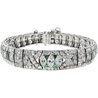 Platinum Art Deco Bracelet with 8.50 Carats Total Diamond Weight and Emerald Accents
