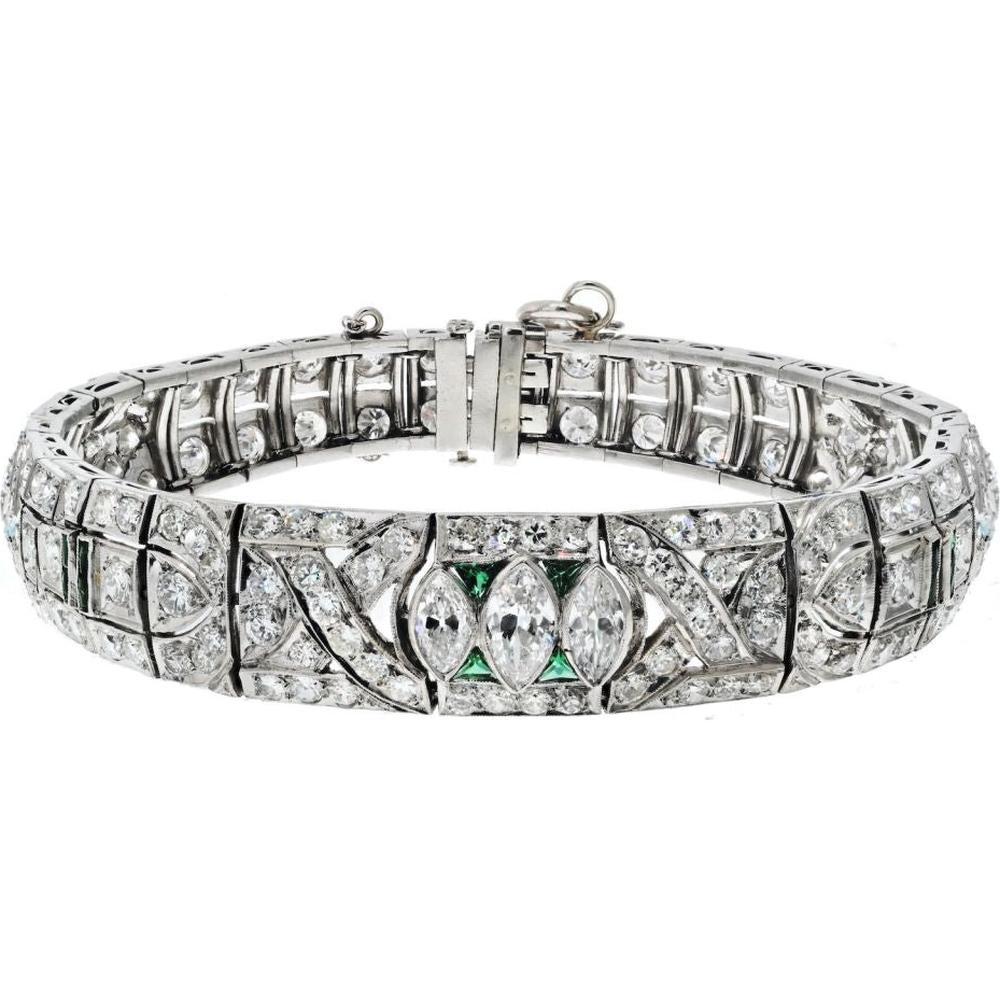 Platinum Art Deco Bracelet with 8.50 Carats Total Diamond Weight and Emerald Accents