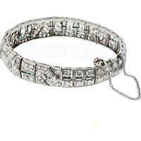 Platinum Art Deco Bracelet with 8.50 Carats Total Diamond Weight and Emerald Accents